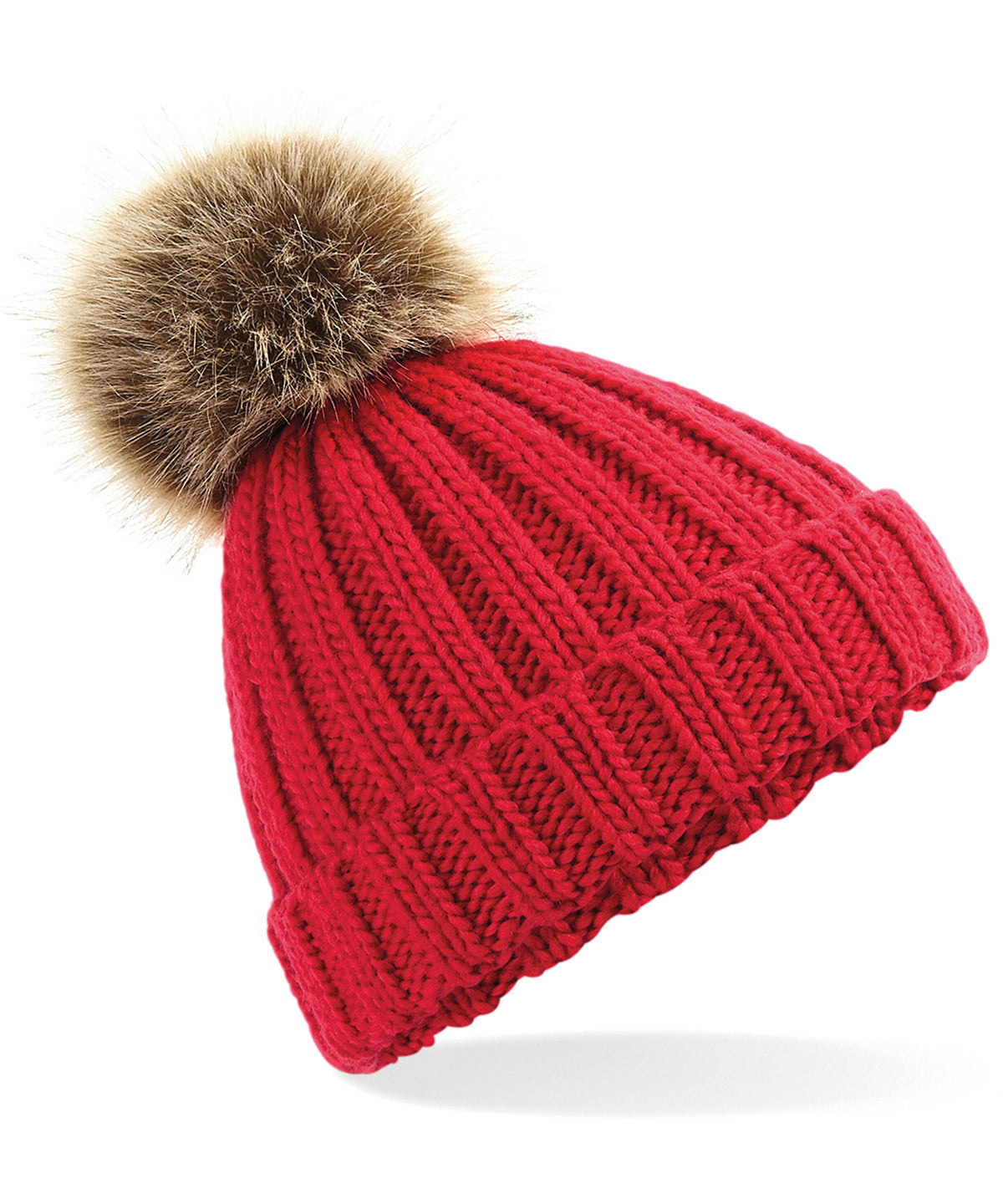 Classic Red - Fur pop pom chunky beanie - GarmentEmbroidery