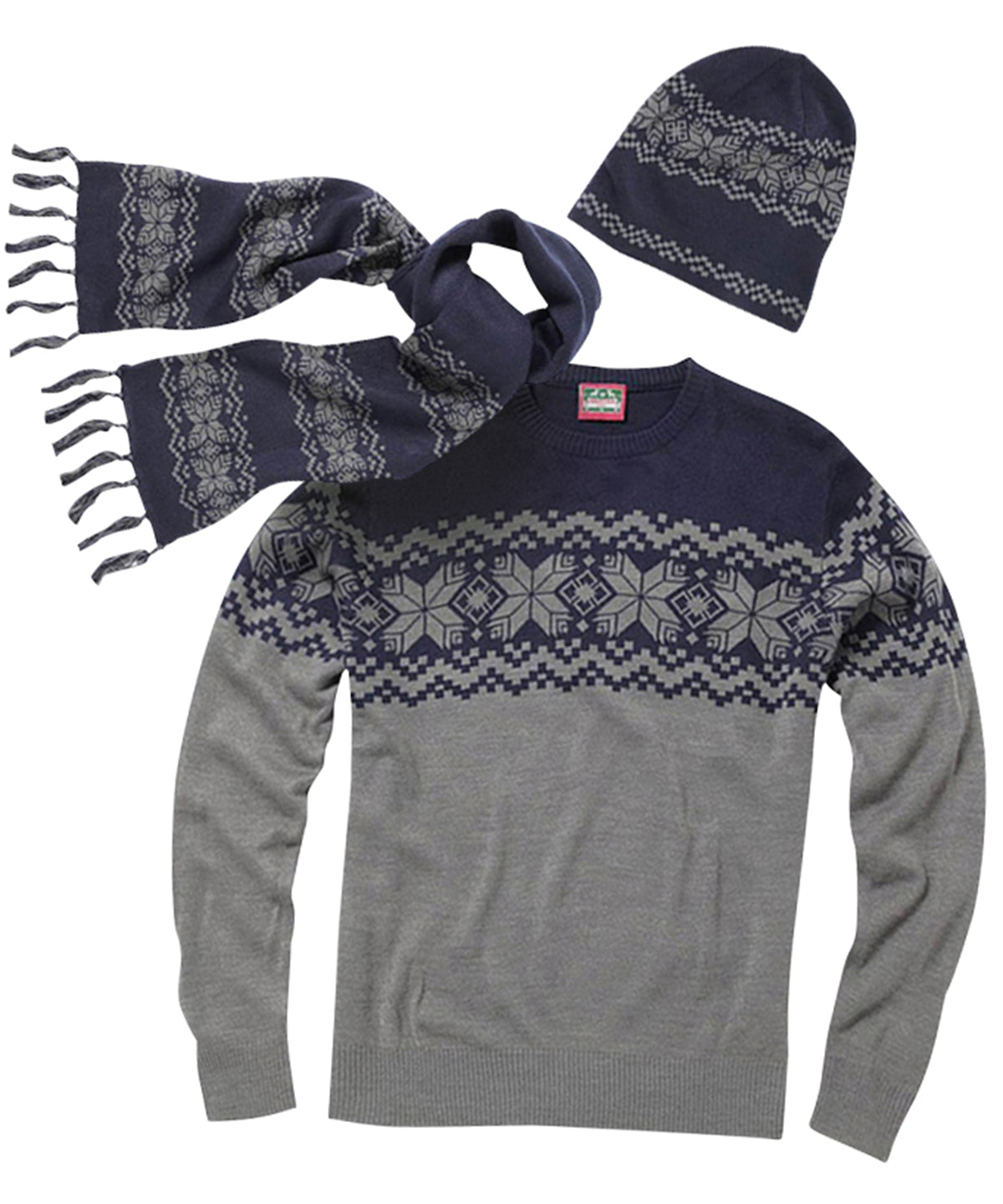 Grey/Navy - Traditional knitted jumper, hat and scarf set - GarmentEmbroidery