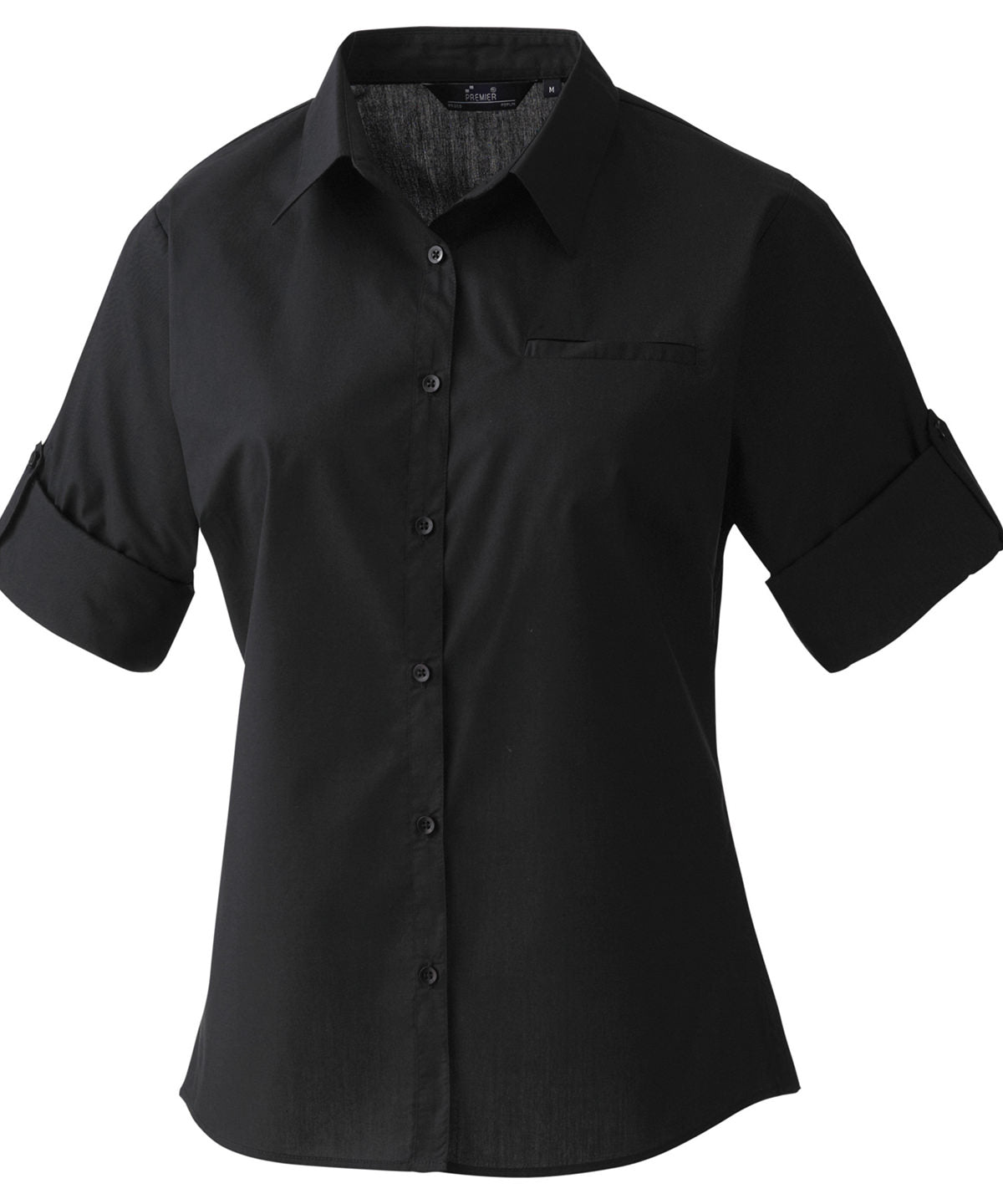 Black - Women's roll sleeve poplin blouse - GarmentEmbroidery