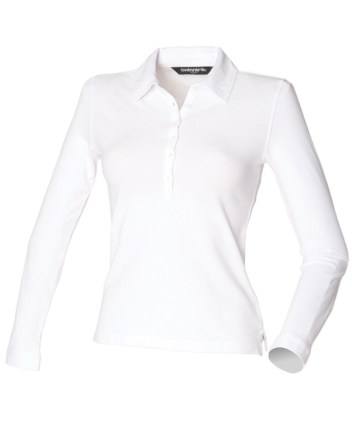 White - Women's long sleeve stretch polo - GarmentEmbroidery