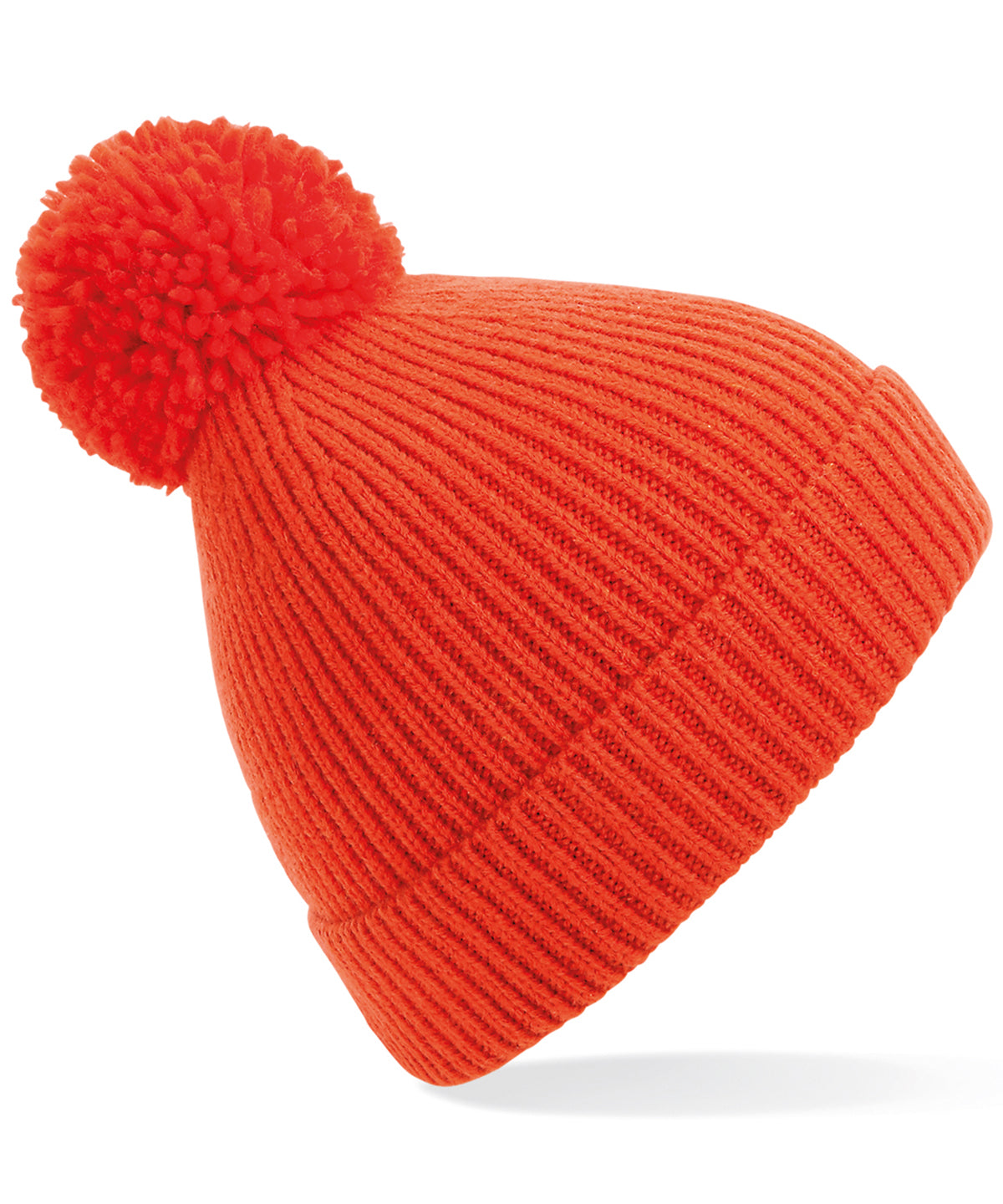 Fire Red - Engineered knit ribbed pom pom beanie - GarmentEmbroidery