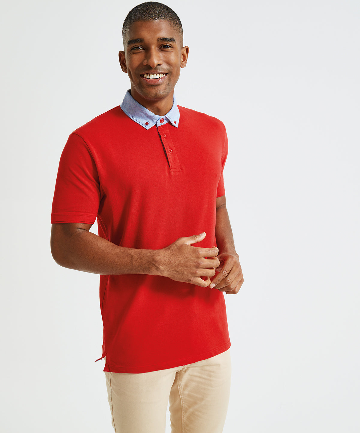 White/Denim - Men's chambray button-down collar polo - GarmentEmbroidery