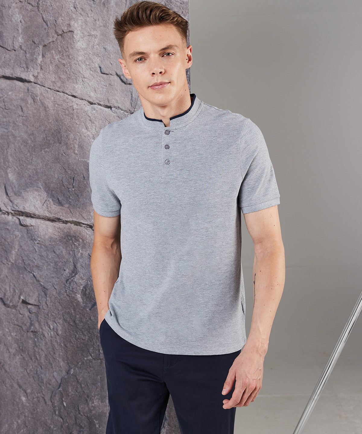 White/Bright Navy - Stand collar stretch polo shirt - GarmentEmbroidery
