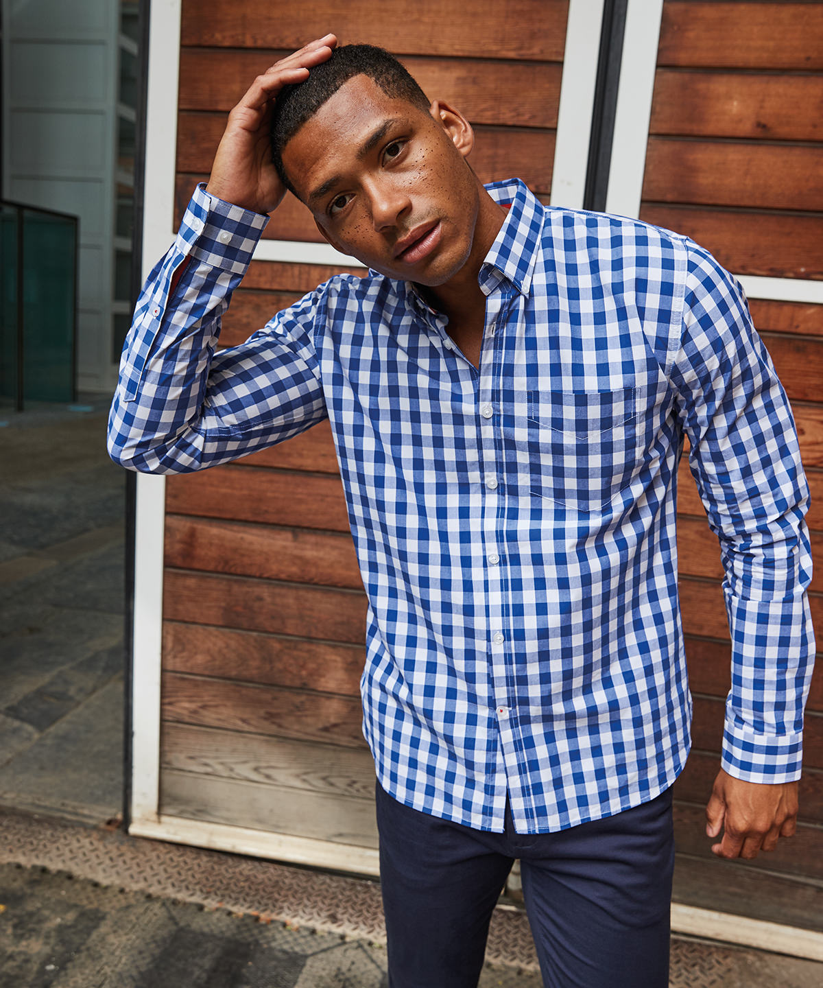 Blue Check - Checked cotton shirt - GarmentEmbroidery