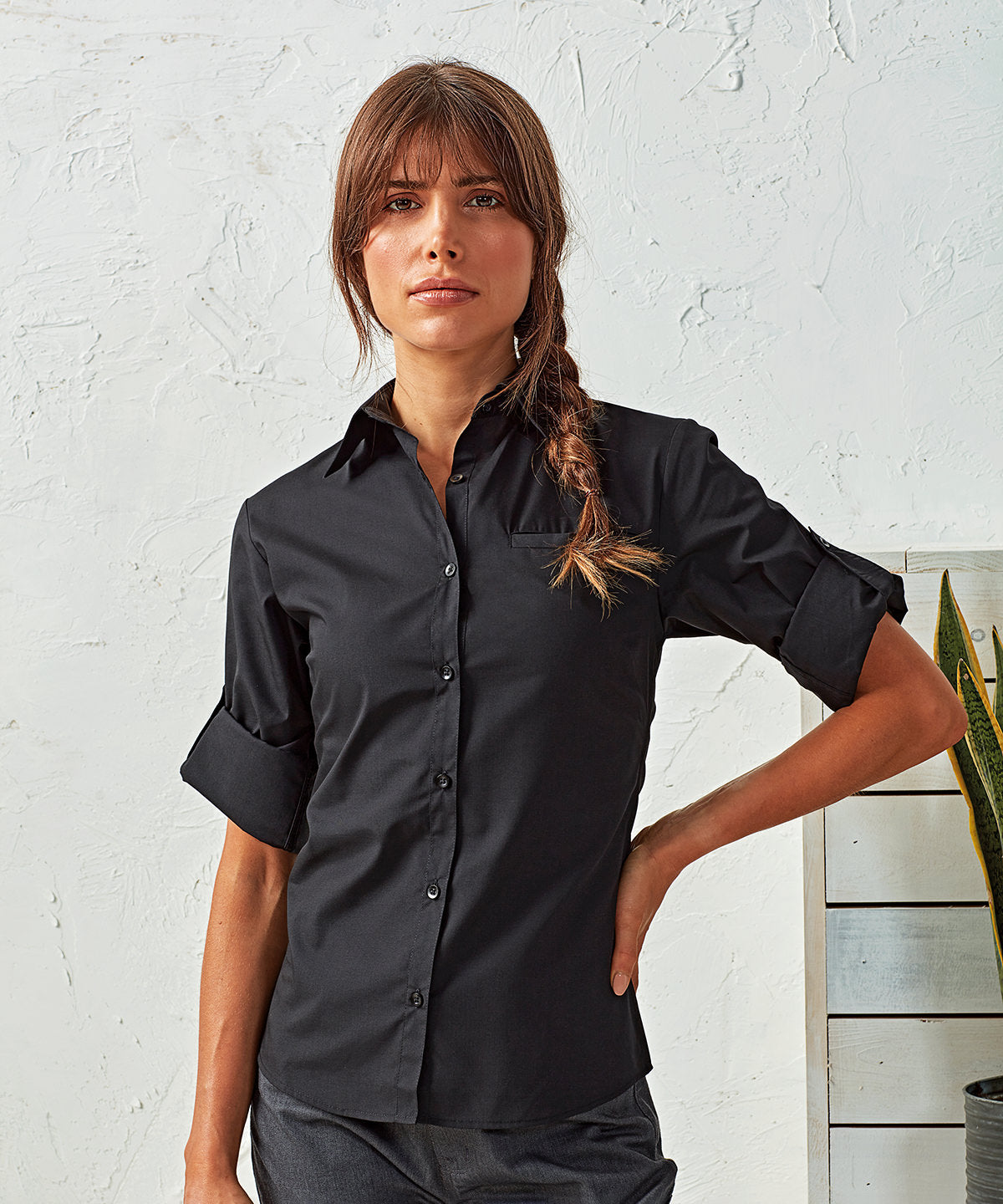 Black - Women's roll sleeve poplin blouse - GarmentEmbroidery
