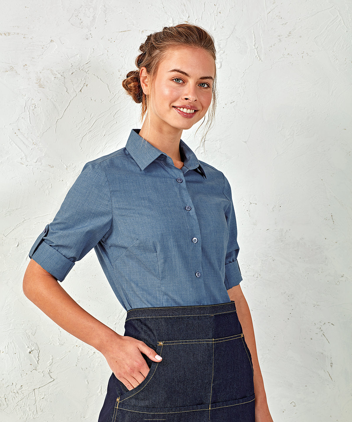 Grey Denim - Women's poplin cross-dye roll sleeve shirt - GarmentEmbroidery