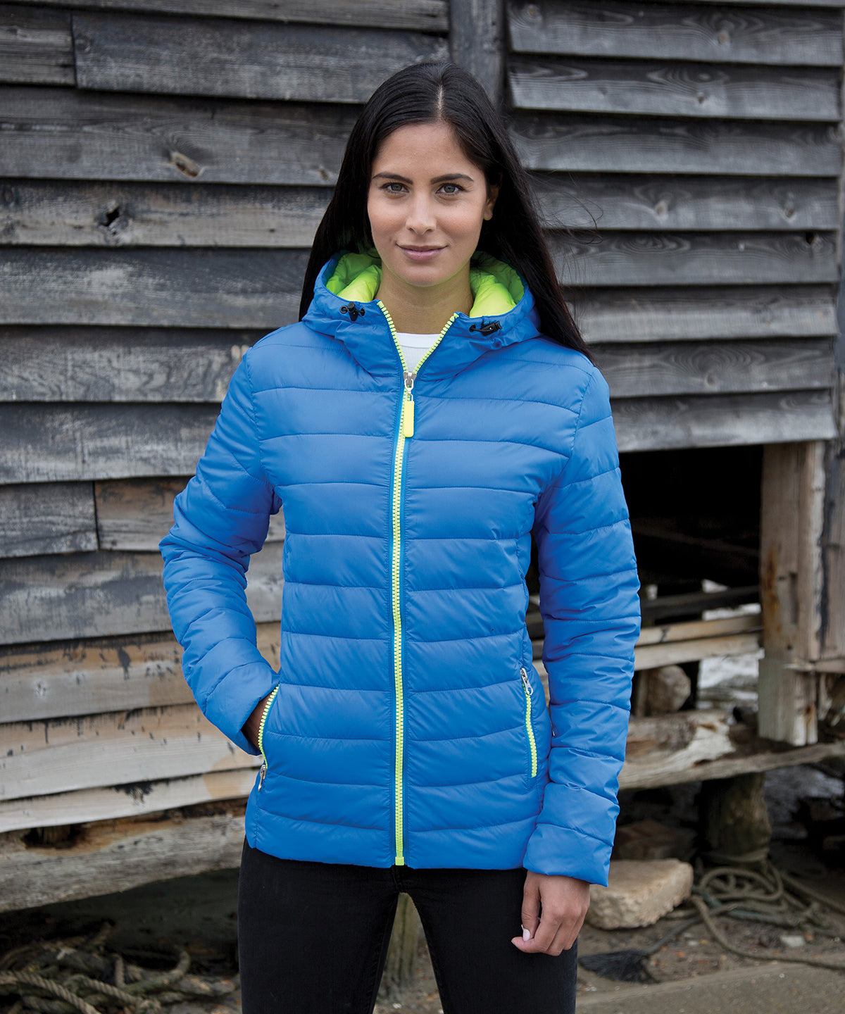 Navy/Yellow - Women's Urban snow bird hooded jacket - GarmentEmbroidery