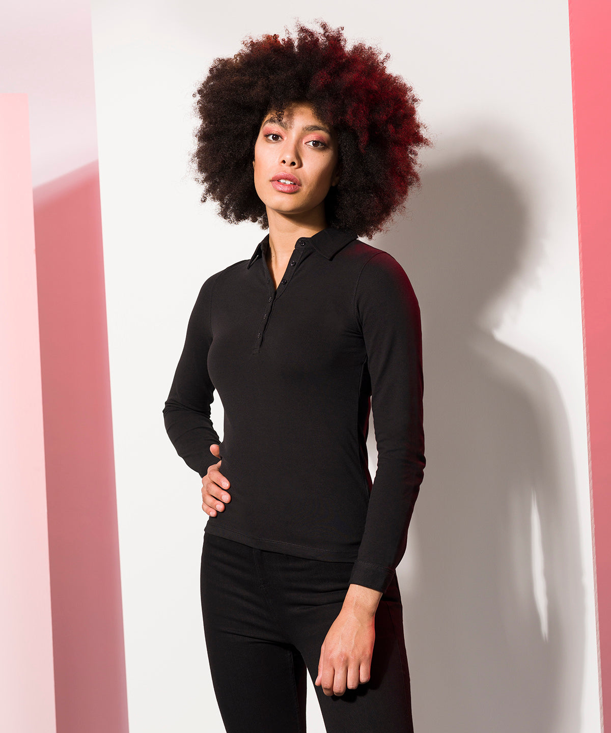 Black - Women's long sleeve stretch polo - GarmentEmbroidery