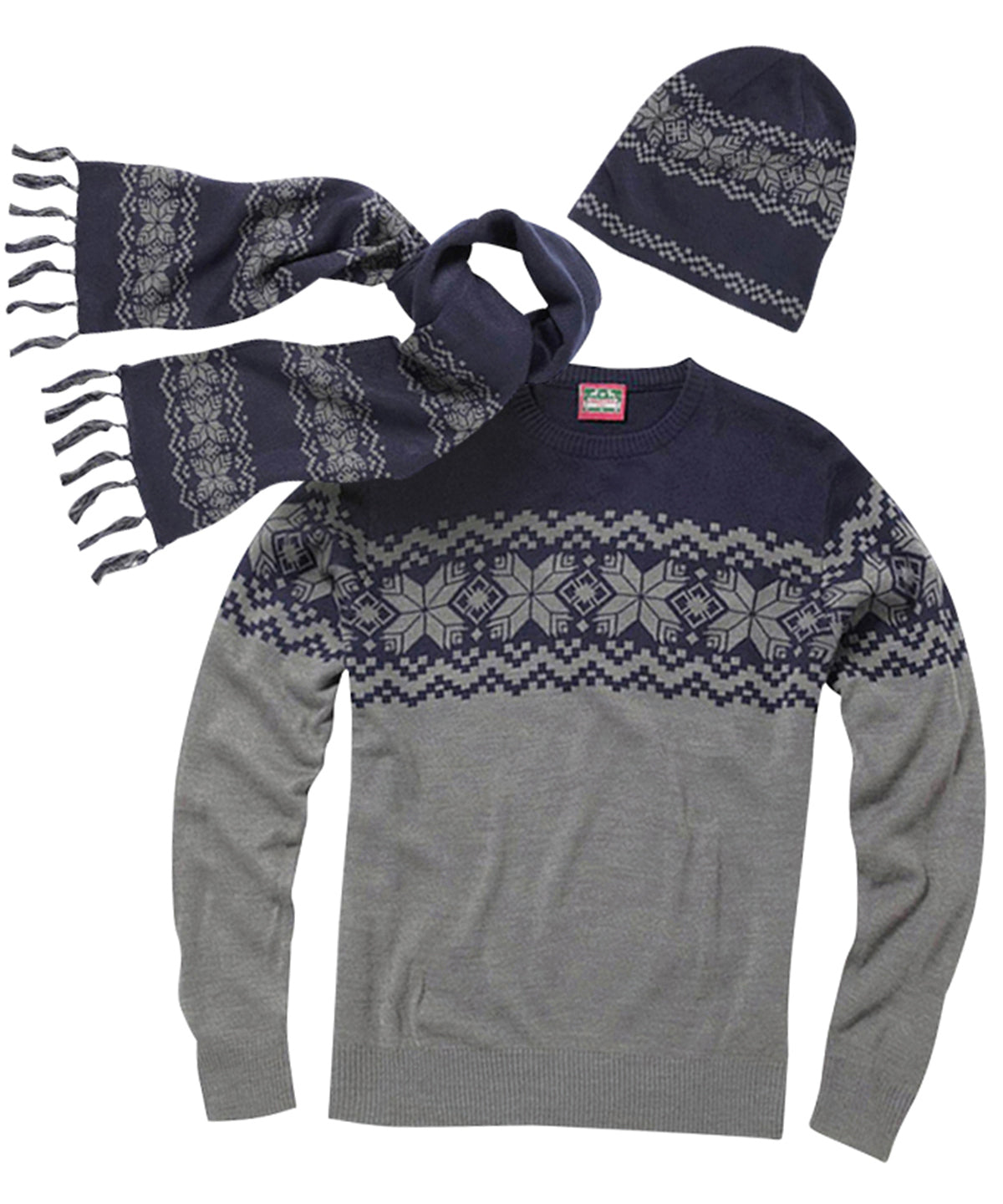 Grey/Navy - Traditional knitted jumper, hat and scarf set - GarmentEmbroidery