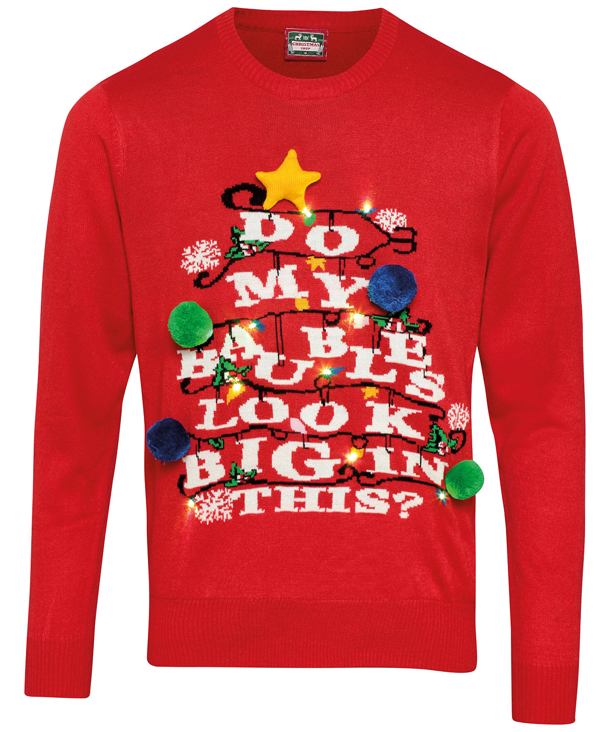 Red - Adults 3D "Do my Baubles Look Big in This?" Light Up Jumper - GarmentEmbroidery