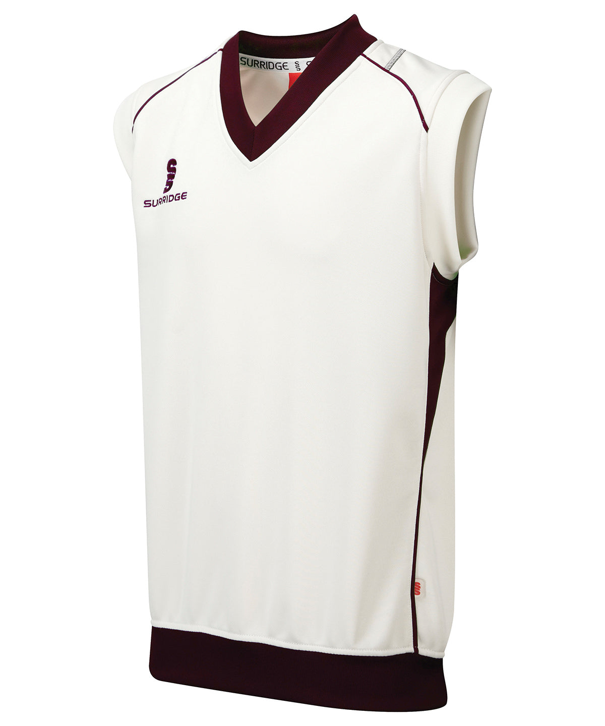 White/Maroon Trim - Curve sleeveless sweater - GarmentEmbroidery