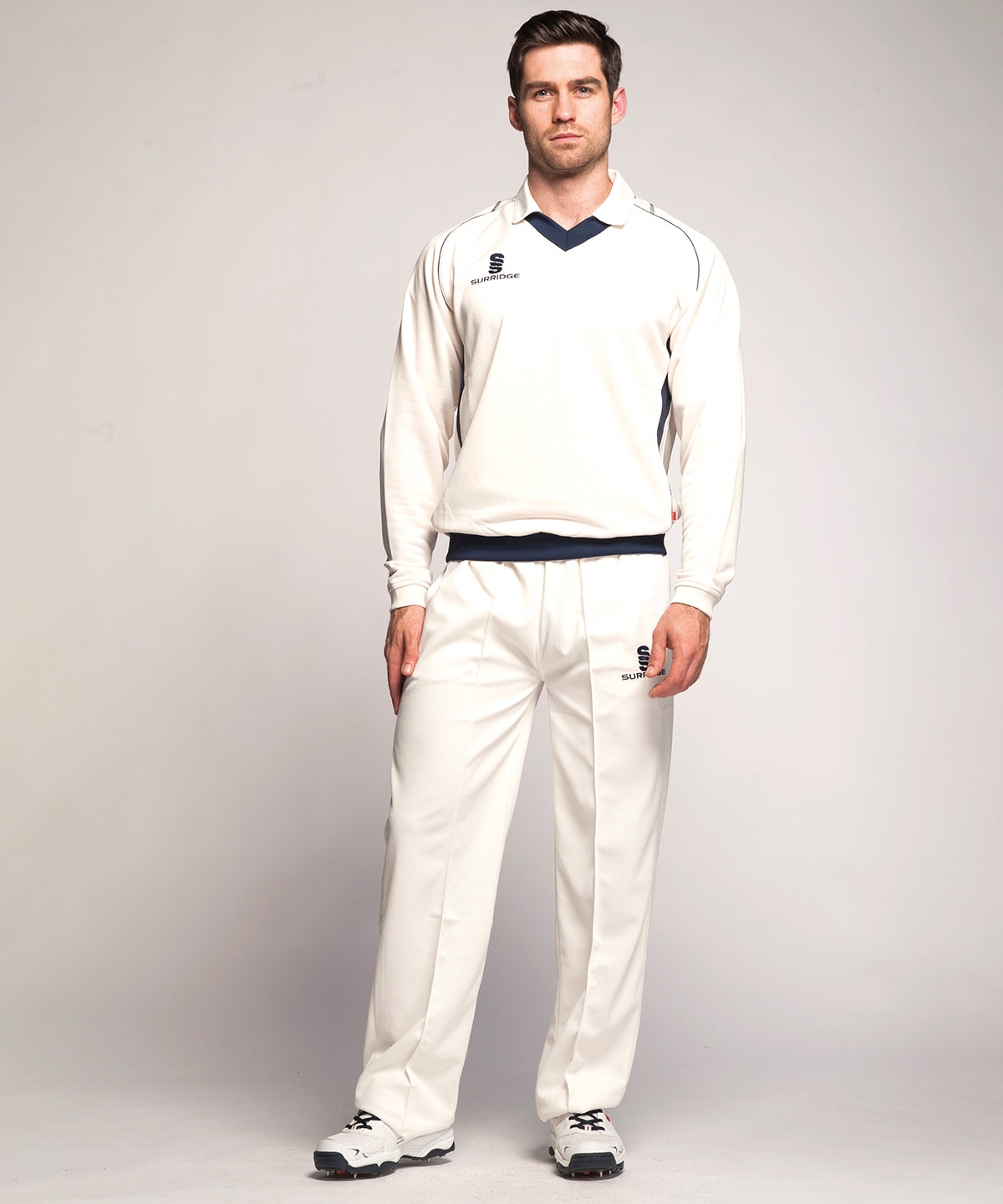 White/Navy trim - Fleece-lined sweater - GarmentEmbroidery