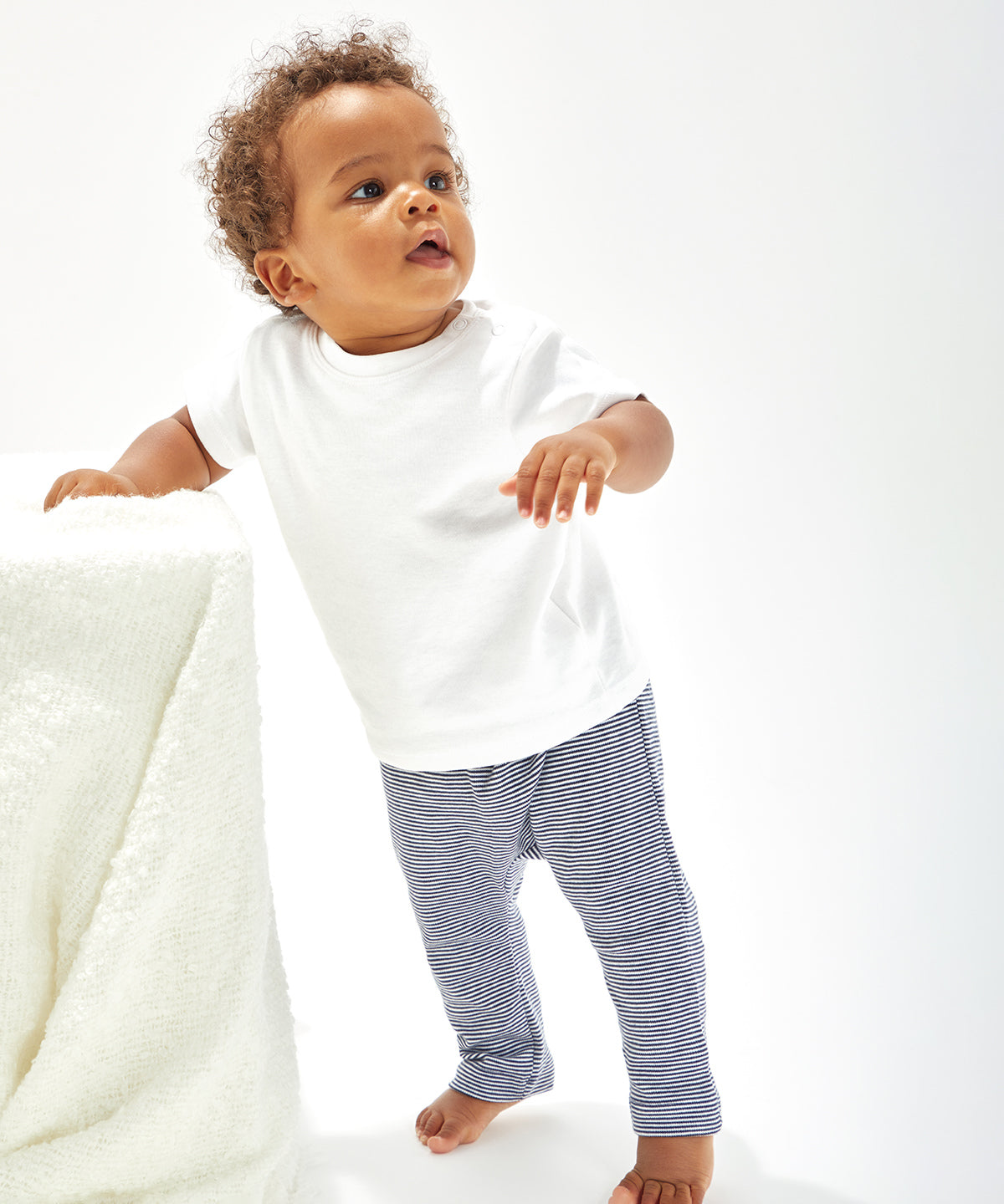 Organic White/Nautical Navy - Baby stripy Jersey leggings - GarmentEmbroidery