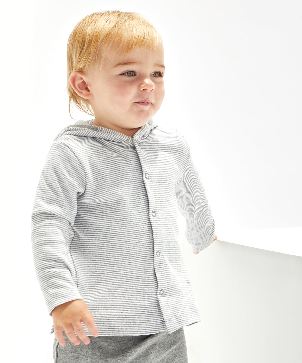 White/Heather Grey Melange - Baby stripy hooded T - GarmentEmbroidery