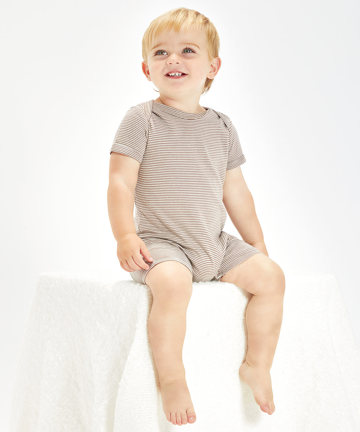 White/Heather Grey Melange - Baby striped playsuit - GarmentEmbroidery
