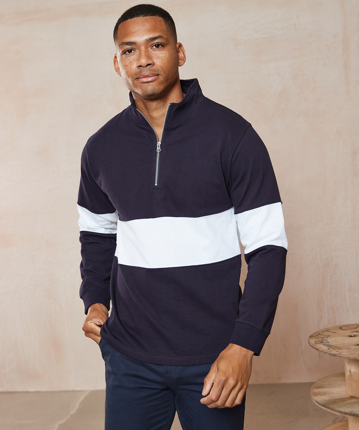 Navy/White - Panelled ¼ zip - GarmentEmbroidery