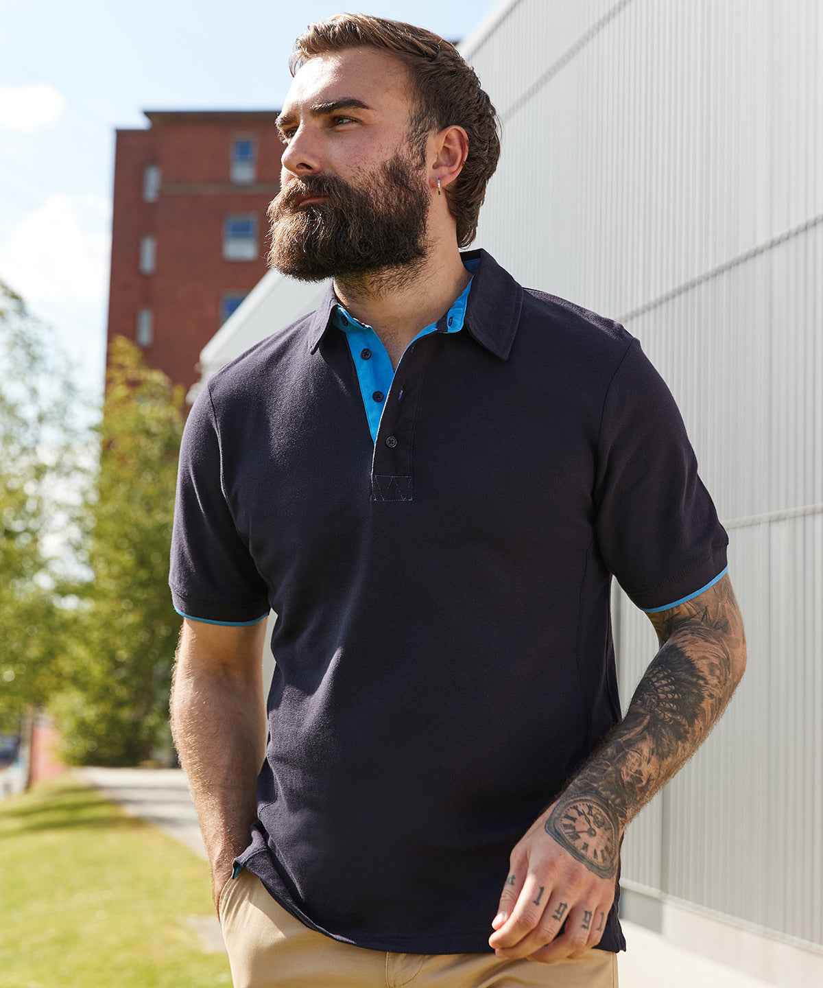 White/Sky Blue - Contrast piqué polo shirt - GarmentEmbroidery
