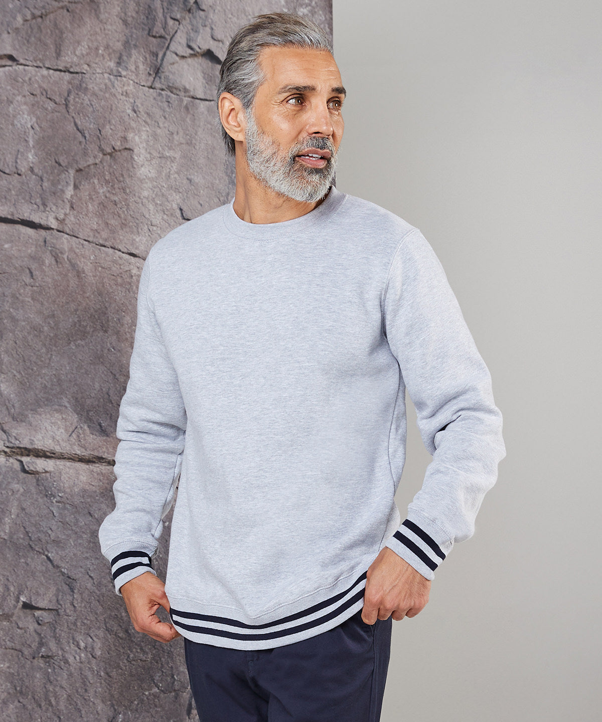 Heather Grey/Navy - Sweatshirt with striped cuffs - GarmentEmbroidery