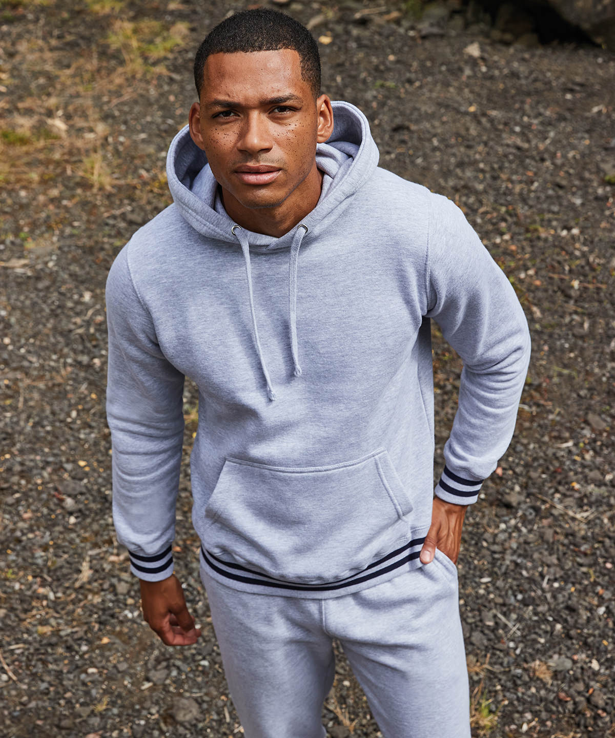 Navy/Heather Grey - Hoodie with striped cuffs - GarmentEmbroidery