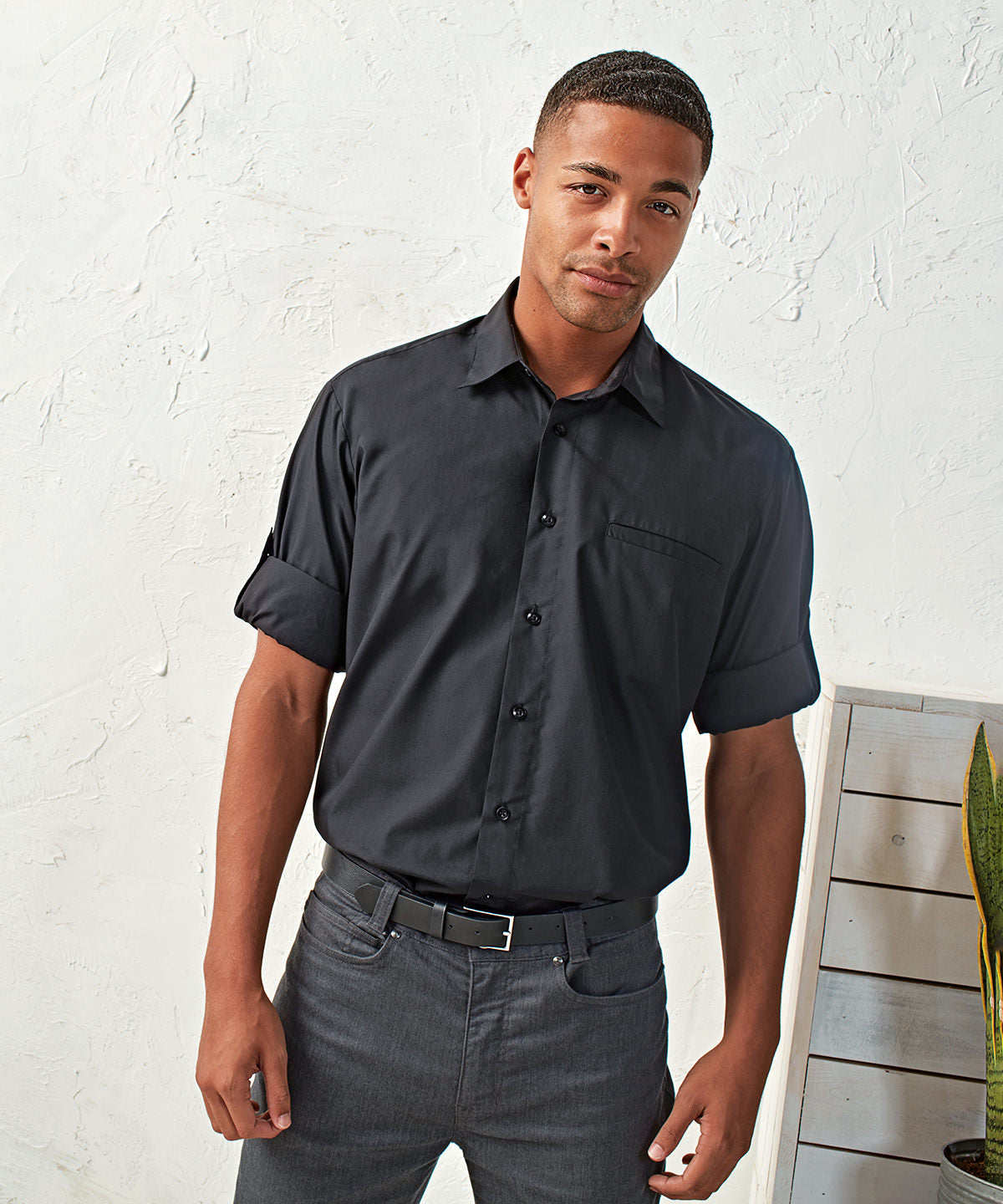 Black - Roll sleeve poplin shirt - GarmentEmbroidery