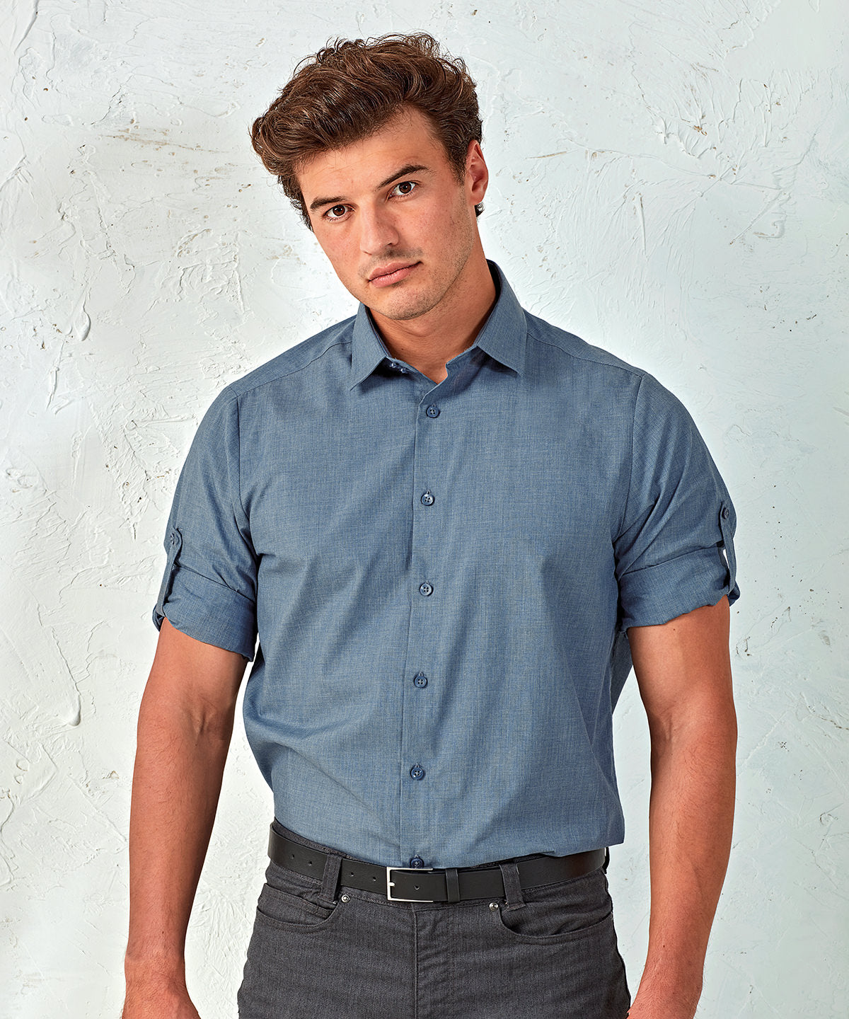 Grey Denim - Poplin cross-dye roll sleeve shirt - GarmentEmbroidery
