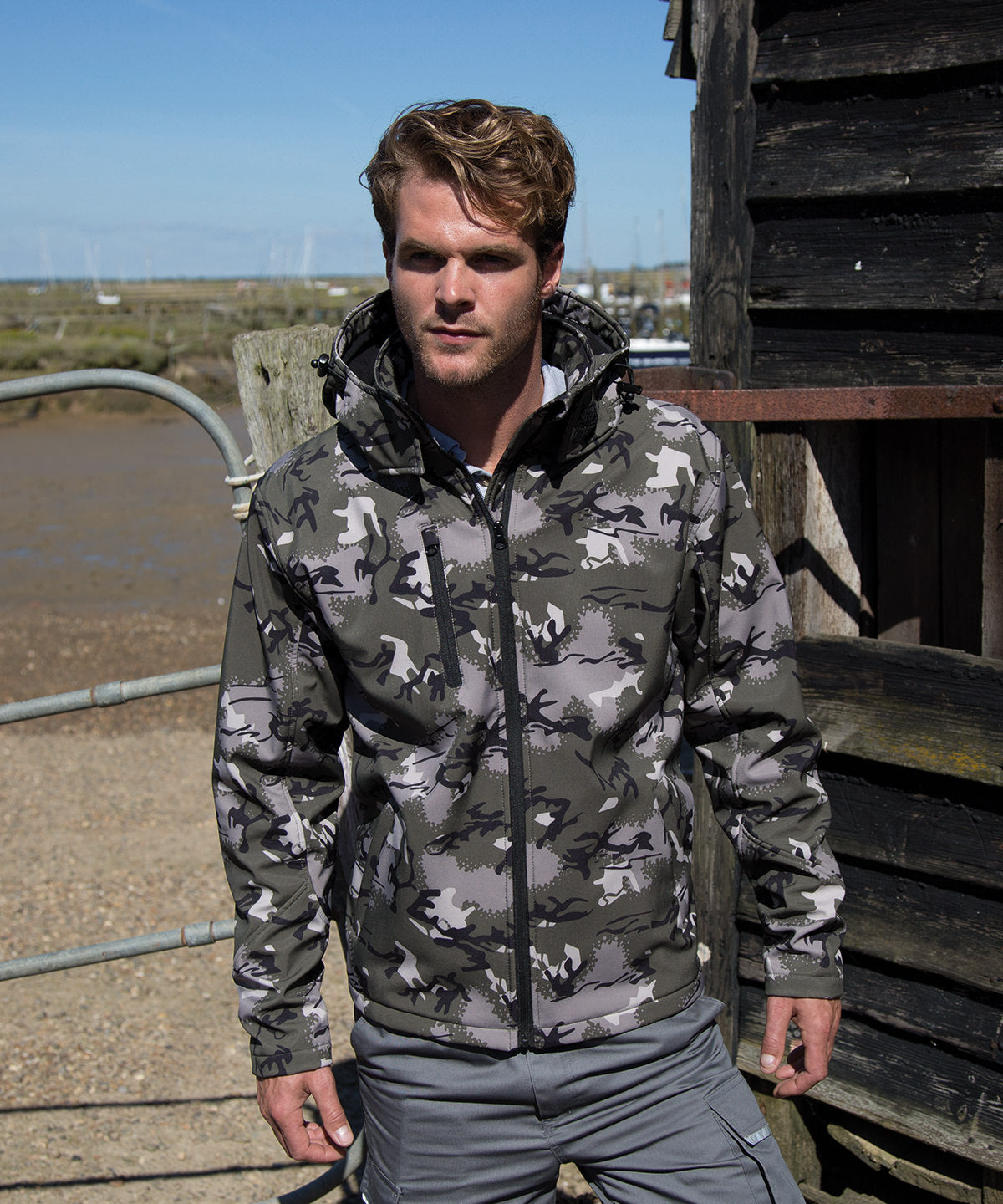 Camo Charcoal - Camo TX performance hooded softshell jacket - GarmentEmbroidery