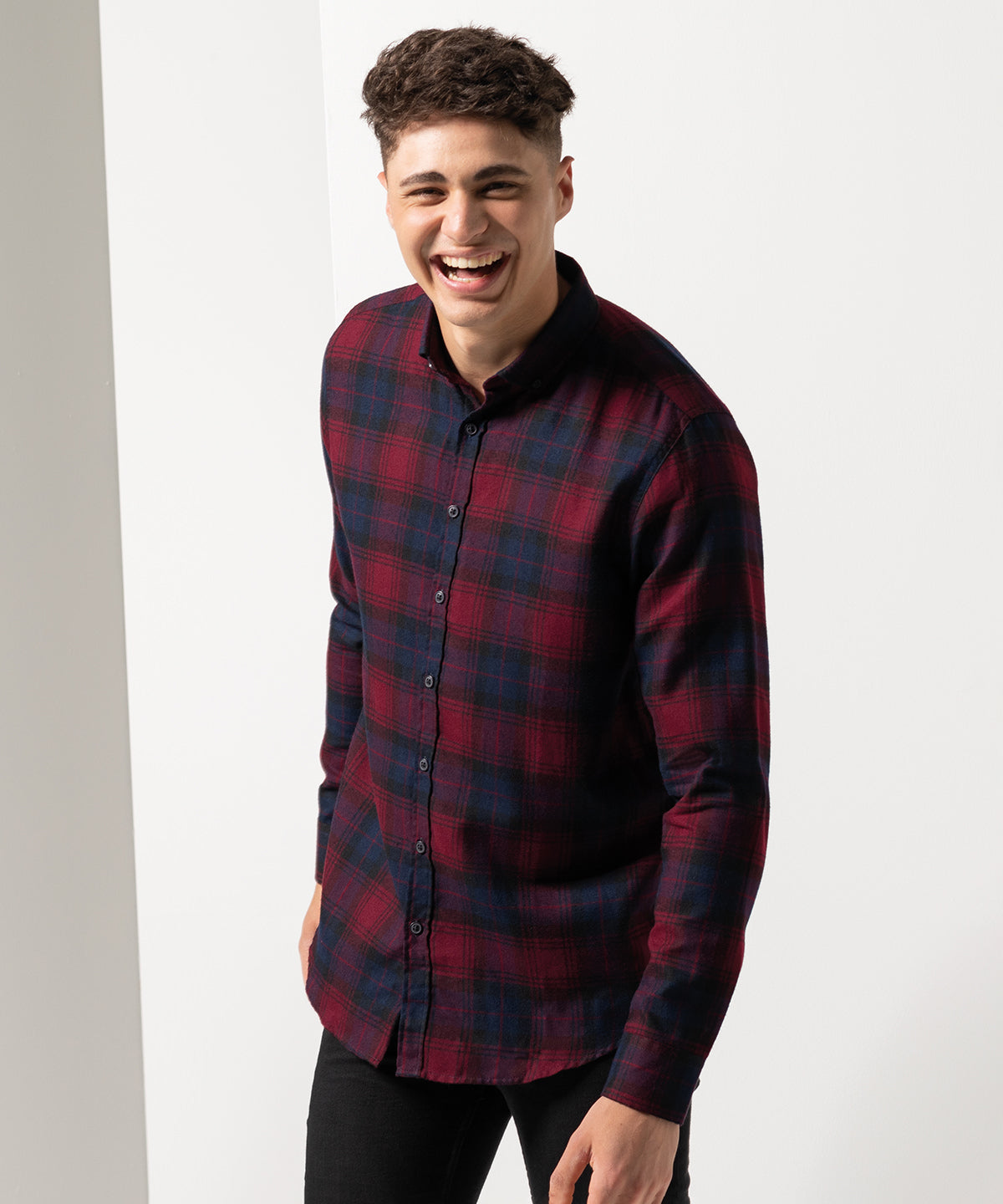 Burgundy Check - Brushed check casual shirt with button-down collar - GarmentEmbroidery