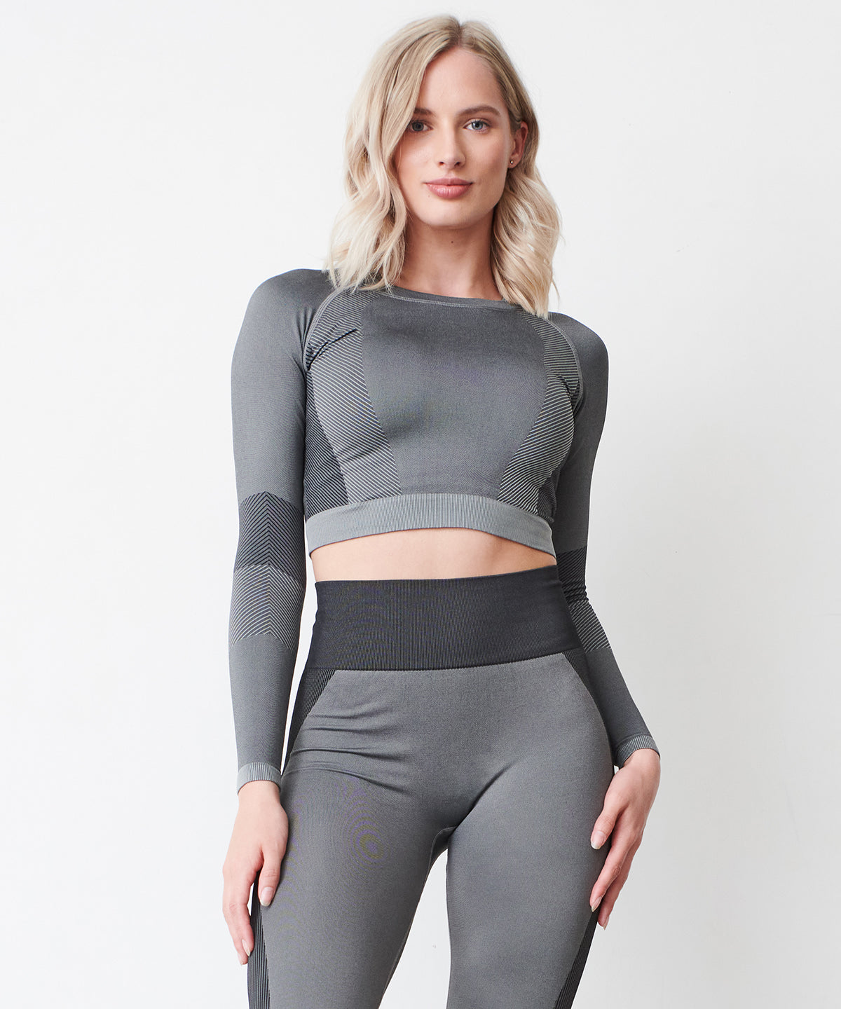 Bright Blue/Navy - Women's seamless panelled long sleeve crop top - GarmentEmbroidery